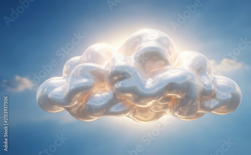 Abstract 3D Metallic Cloud Floating in Blue Sky Representing Modern Digital Computing and Data Storage Concepts for Creative Projects