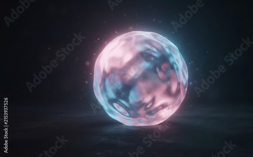 Abstract glowing liquid sphere with neon pink and blue light reflections on dark background representing futuristic energy and digital sci-fi technology