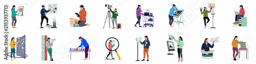 Flat vector illustrations of various women working in modern STEM careers, featuring robotics, laboratory research, engineering, data analysis, and innovative technology.
