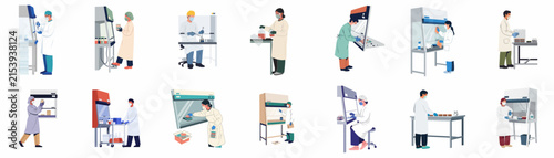 Collection of vector illustrations depicting scientists and lab technicians working with specialized laboratory equipment, fume hoods, and laminar flow cabinets in a research environment.