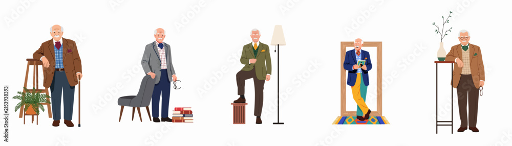 Fototapeta premium Collection of sophisticated elderly man character designs in various stylish outfits and scholarly poses, isolated on a white background for versatile design use.