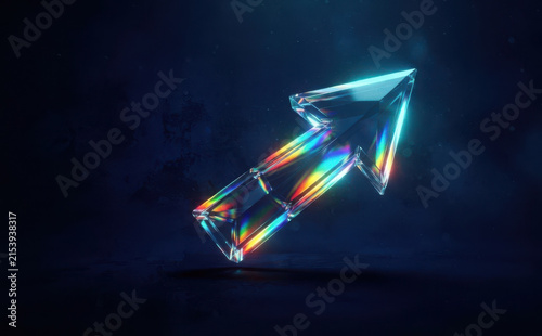 Glass prismatic arrow pointing up with rainbow refraction in a dark space representing success, progress and direction in business