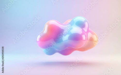 Abstract iridescent glossy 3D liquid blob floating in pastel gradient background representing futuristic design and modern digital art concepts