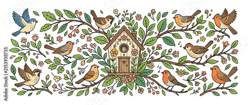 Фотография Charming Birds and Blooming Branches with Birdhouse