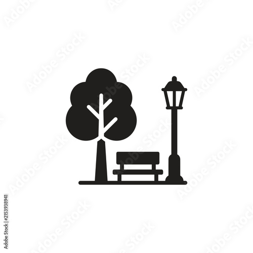 Park Bench Tree and Lamp Post Icon Silhouette.