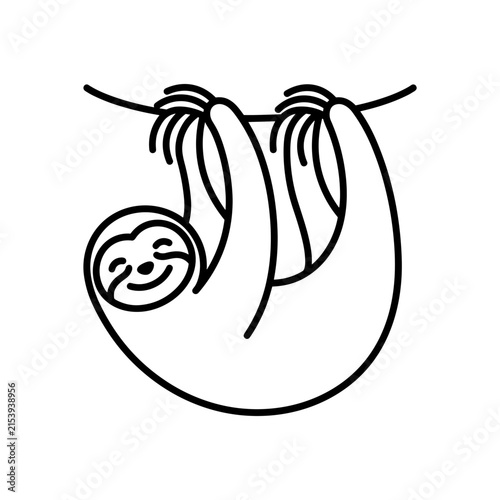 Simple Line Art Drawing of a Happy Sloth Hanging from a Branch.