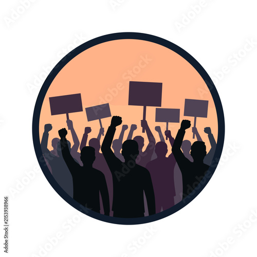 Protestors holding signs and raising fists in solidarity.