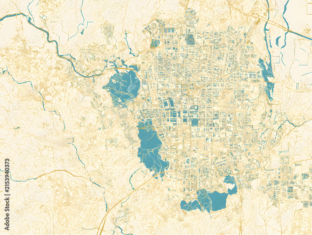Fototapeta premium A map of San Miguel de Allende, Mexico — light cream for the city's main area with mustard-gold lines, and vivid blues for lakes, rivers, and waterways