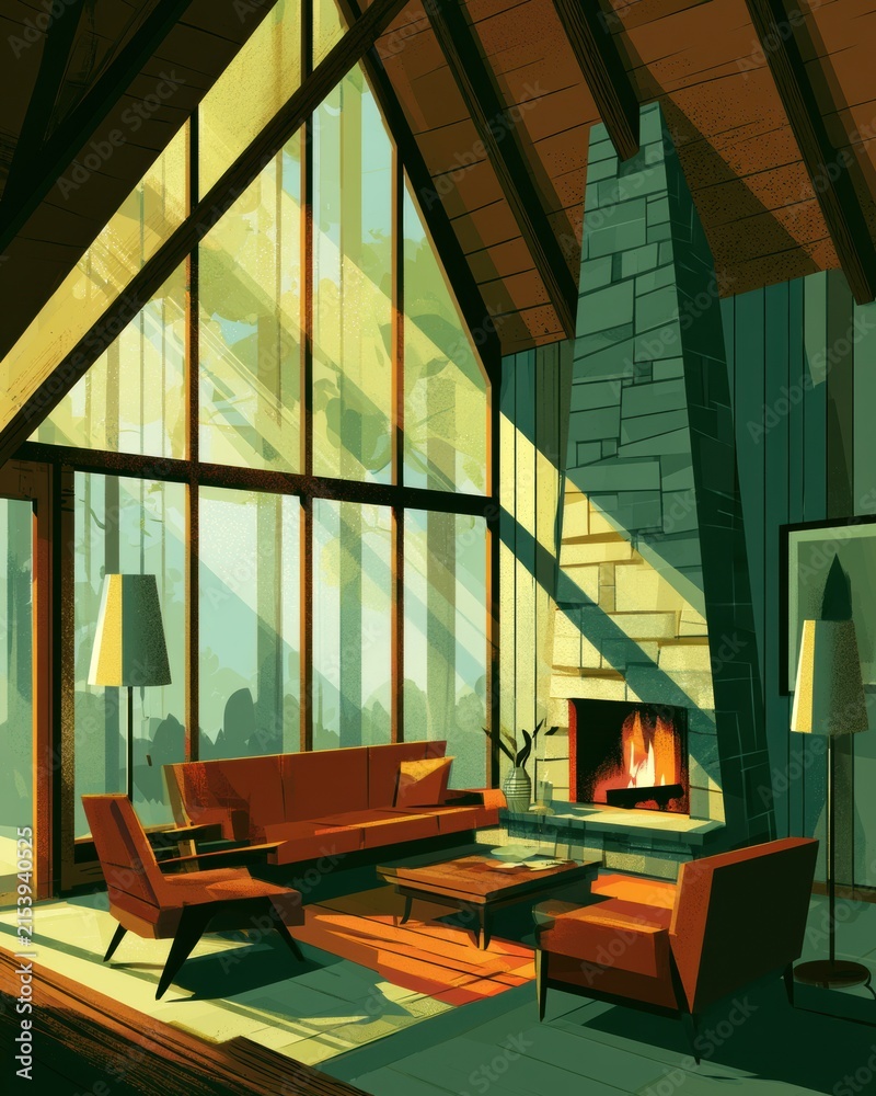 Fototapeta premium A lodge interior features a fireplace and comfortable seating. Light from large windows creates a nostalgic atmosphere in a warm setting.