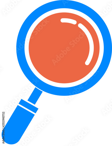 Magnifying Glass Icon PNG, blue search lens with a white rim, orange center accent and blue handle, Isolated on Transparent Background