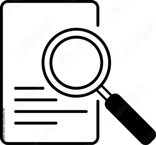 Search Document Icon PNG, black outlined document with horizontal lines and a magnifying glass for inspection, Isolated on Transparent Background