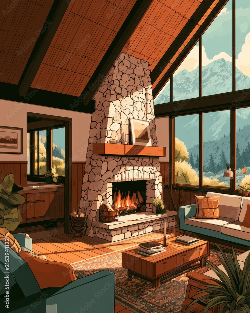 Fototapeta premium A cozy lodge with a stone fireplace. Large windows reveal a view of mountains. Warm colors create a welcoming atmosphere.