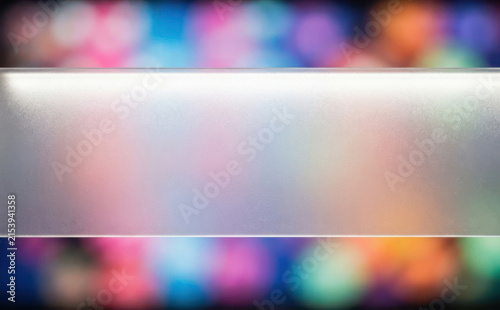 Frosted glass panel with colorful bokeh background for corporate presentation design and web banner templates