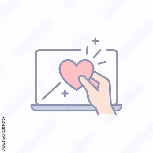 Hand placing heart icon on laptop screen illustration