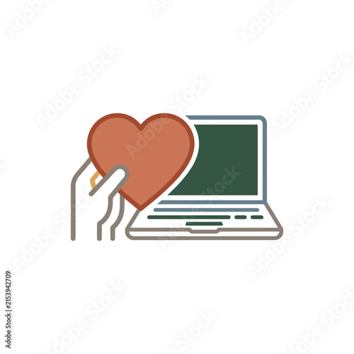 Hand placing heart symbol on a laptop computer screen.