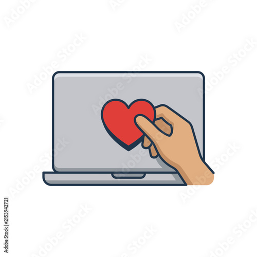 Hand placing heart on laptop screen.