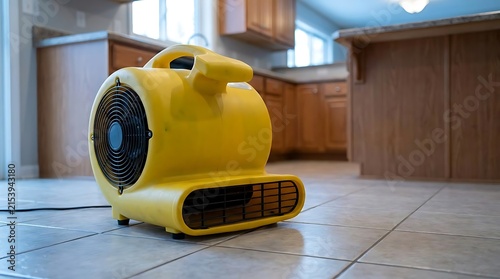 An industrial yellow air mover placed on a tiled kitchen floor during a residential water damage restoration and professional building drying process