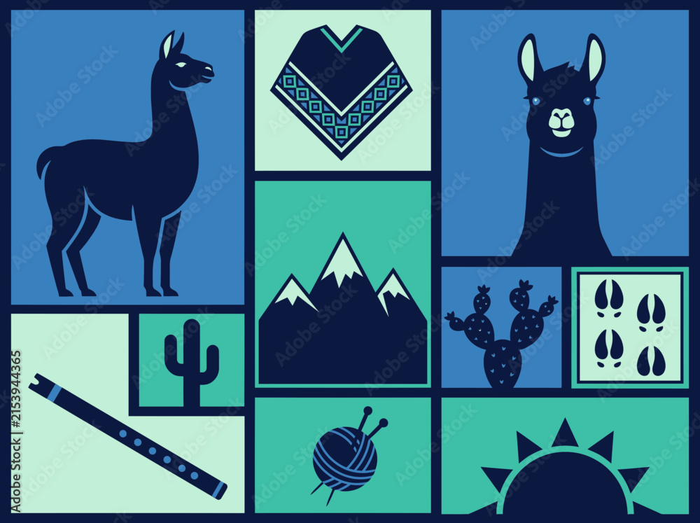 Naklejka premium Modern Minimalist Andean Cultural Icon Set in Geometric Grid Layout