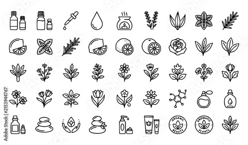Canvas Print Natural skincare and aromatherapy outline icon collection featuring essential oi