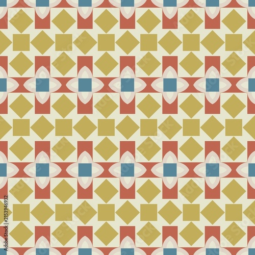 Geometric pattern with red, blue, and yellow squares. Repeating design features diamond and cross shapes. Soft beige background enhances color contrast. Ideal for textiles, wallpapers
