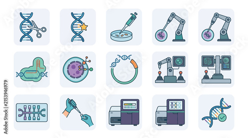 Biotechnology Icons: DNA, Robotics, Lab Equipment & Gene Editing