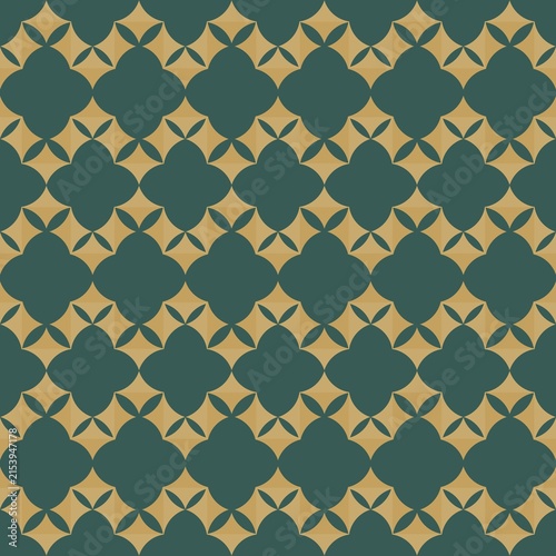 Geometric pattern with teal quatrefoils on a golden background. Symmetrical design repeats seamlessly across the image. Traditional motif combines elegance and modern simplicity