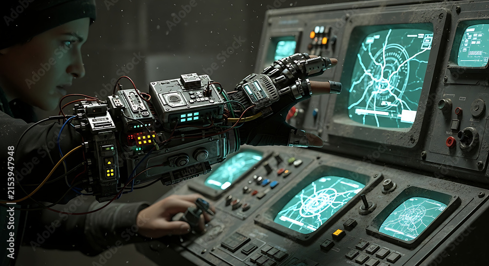 Fototapeta premium Cybernetic Arm Controls Futuristic Console Displays