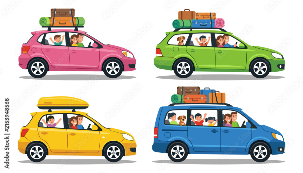 Fototapeta premium Family road trip car collection with luggage on roof racks parents kids and pets driving on summer vacation journey