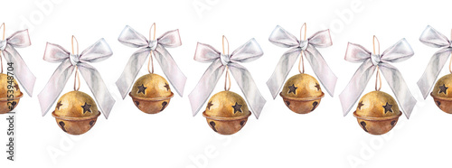 Watercolor seamless border with bronze or golden old jingle bell with ribbon bow on white background. Christmas melody toy for celebration gift. Musical instrument. Vintage wallpaper or wrapping