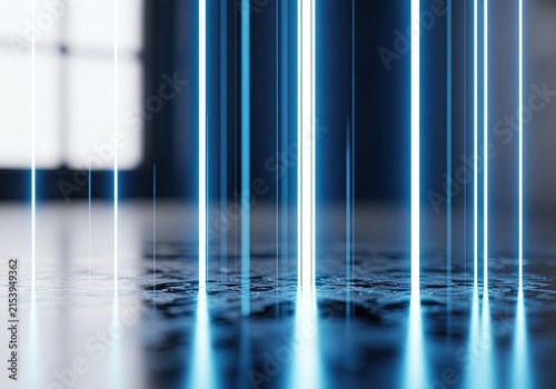 Abstract Blue Neon Light Beams Reflecting on Wet Surface.