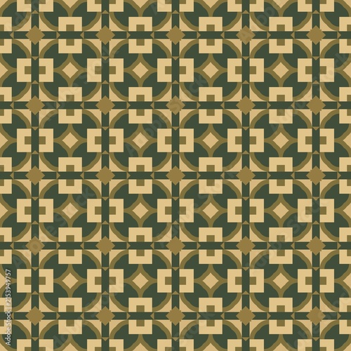 Geometric pattern in earthy tones on a repeating grid. Symmetrical shapes form intricate, vintage-inspired design. Deep green background contrasts with warm beige accents
