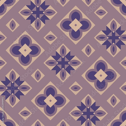 Purple geometric pattern with diamond and star shapes. Symmetrical design in muted tones of lavender and beige. Pattern repeats seamlessly across the entire image
