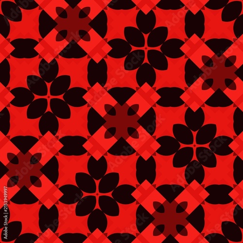Bold red and black geometric pattern repeats across the image. Flower-like shapes interlock with angular, diamond-shaped accents. Rich, saturated colors create a striking visual texture