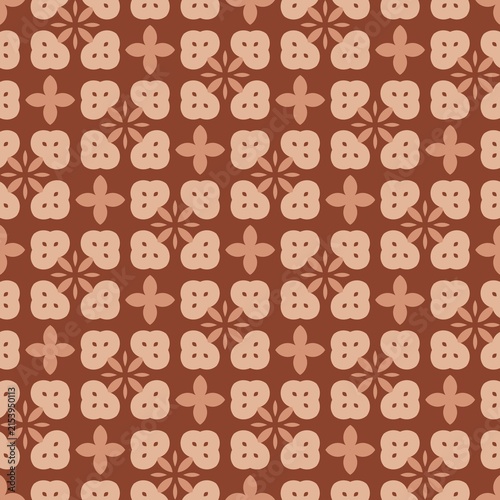 Warm brown background with repeating geometric patterns. Soft beige shapes form a symmetrical, decorative motif. Each design features floral and star-like elements