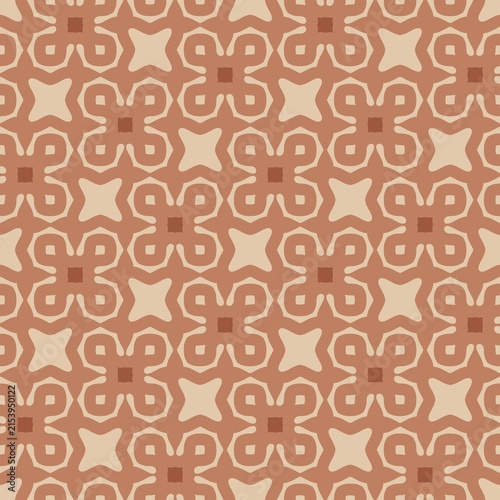 Geometric pattern in warm, earthy tones. Symmetrical design repeats seamlessly across surface. Soft beige shapes contrast with rich terracotta base. Pattern features interlocking quatrefoils