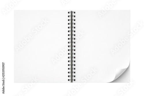 Minimalist spiral notebook mockup on white background, blank open sketchbook pages, clean stationery branding template
