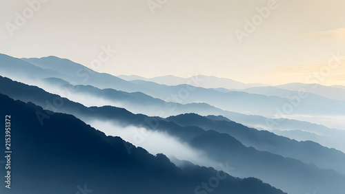 Naklejka 水墨画風の山並みと朝霧、静謐で東洋的な雰囲気、和風ブランド広告向け背景