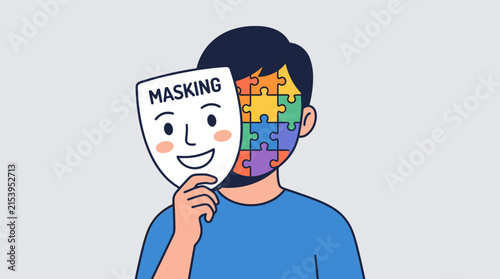 Person hiding true self with a mask and puzzle pieces face representing autism masking