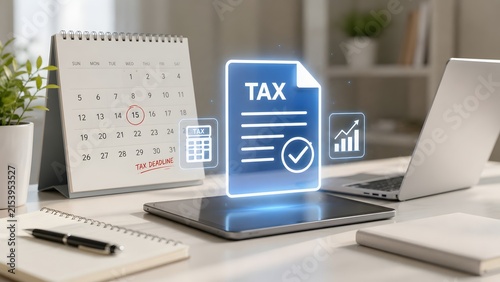 Desk setting with calendar showing tax deadline and tablet displaying glowing digital tax document, online financial accounting and audit