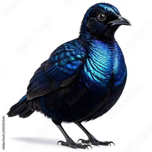 Iridescent Blue Glossy Starling Bird Isolated on Plain White Background Close Up Studio Shot