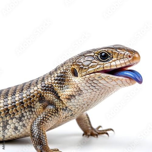 Blue Tongued Skink Lizard Close Up Macro View Showing Tongue Isolated on White Background