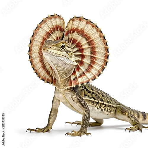 Frilled Neck Lizard Standing with Open Neck Frill Display Isolated on White Background