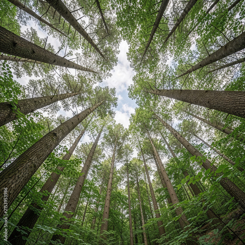 Extreme low-angle perspective inside a lush woodland, tall straight tree trunks stretching upward from the edges toward a bright open sky, layered green foliage, delicate branches and leaves, soft 