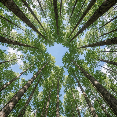 Photorealistic upward view from the forest floor, towering slender trees surrounding the frame, lush green foliage forming a natural circular canopy, vivid clear blue sky visible through the branches,