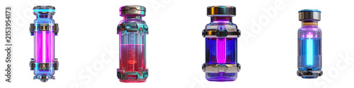 Four futuristic containers filled with glowing liquids of varying colors, on a white background, for sci-fi or research concepts