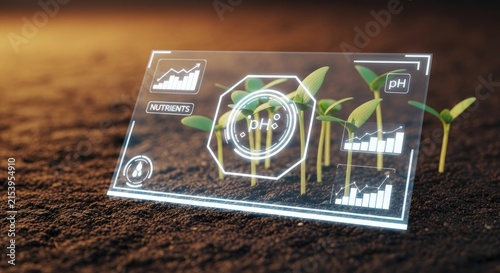 Futuristic Digital Interface Monitoring Young Plant Growth in Soil.