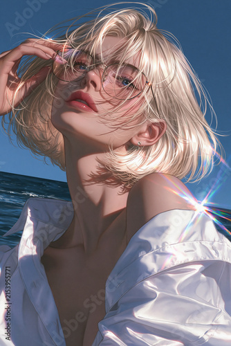Illustration of a beautiful short-haired blonde woman, generation AI 