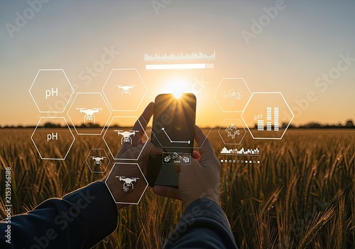 Farmer Uses Smartphone to Monitor Crop Health with Futuristic Technology in Field at Sunset.