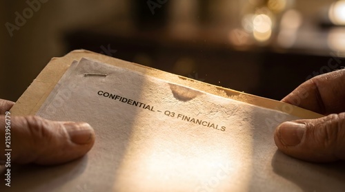 Hands holding confidential quarterly financial document