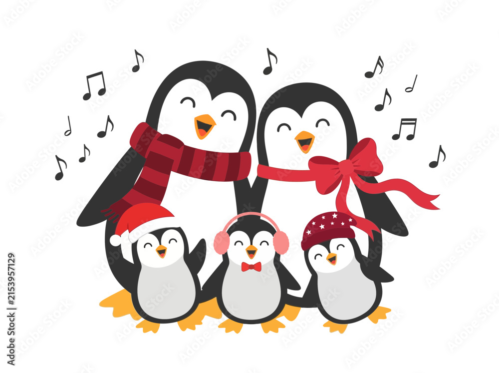 Fototapeta premium Cute Penguin Family Singing Christmas Carols Vector Illustration